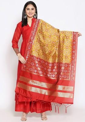 Women Mustard And Red Ethnic Motifs Woven Design Banarasi Dupatta