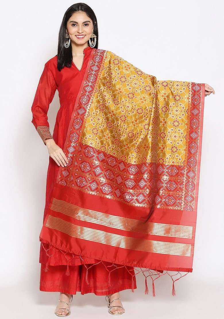 Women Mustard And Red Ethnic Motifs Woven Design Banarasi Dupatta - Indya