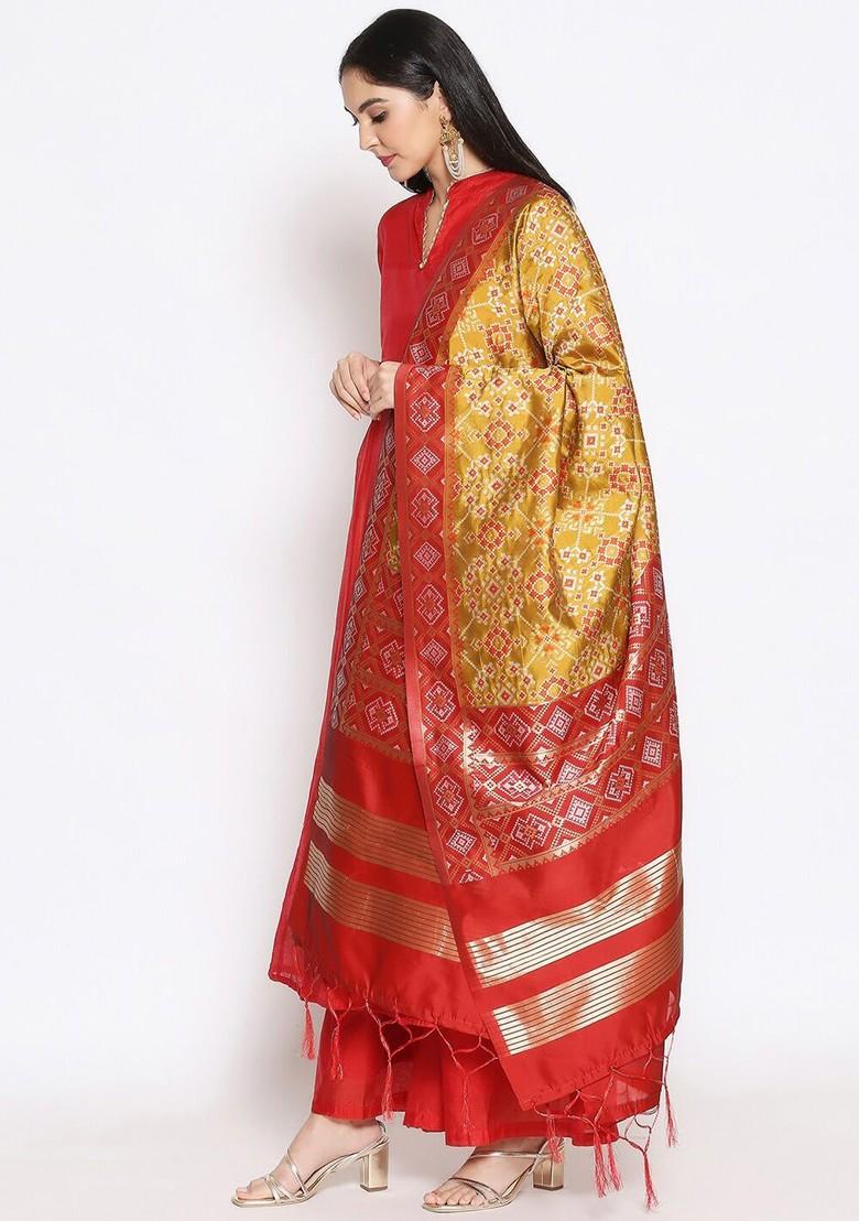 Women Mustard And Red Ethnic Motifs Woven Design Banarasi Dupatta