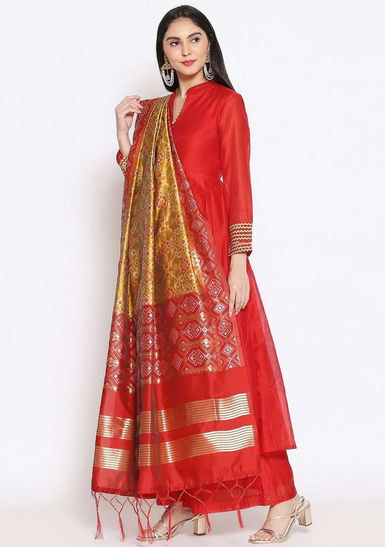 Women Mustard And Red Ethnic Motifs Woven Design Banarasi Dupatta - Indya