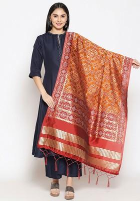 Orange And Red Ethnic Motifs Woven Design Dupatta