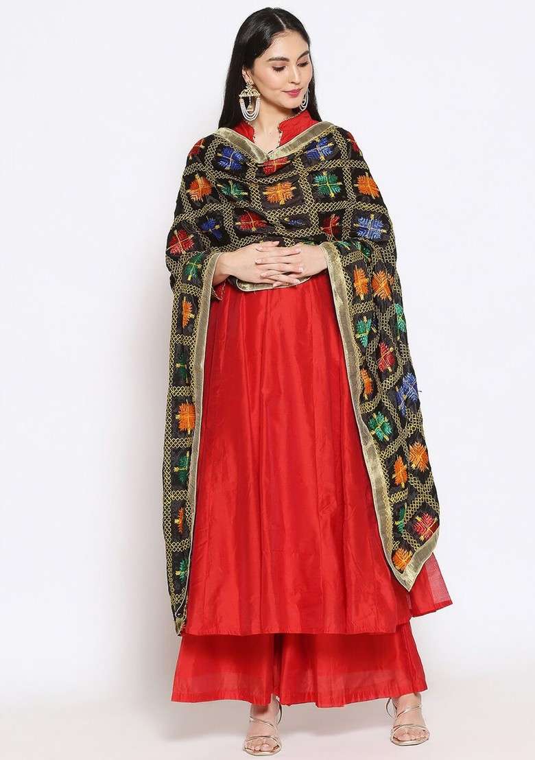 Black And Gold Toned Embroidered Dupatta With Phulkari - Indya