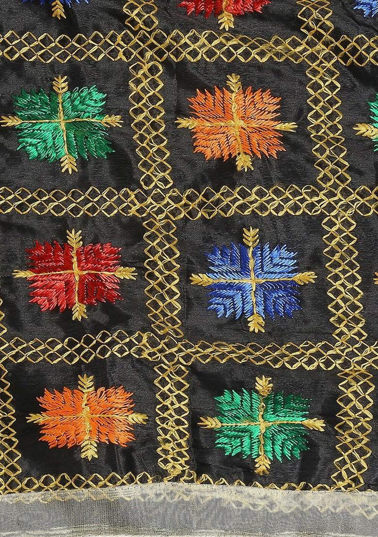 Black And Gold Toned Embroidered Dupatta With Phulkari