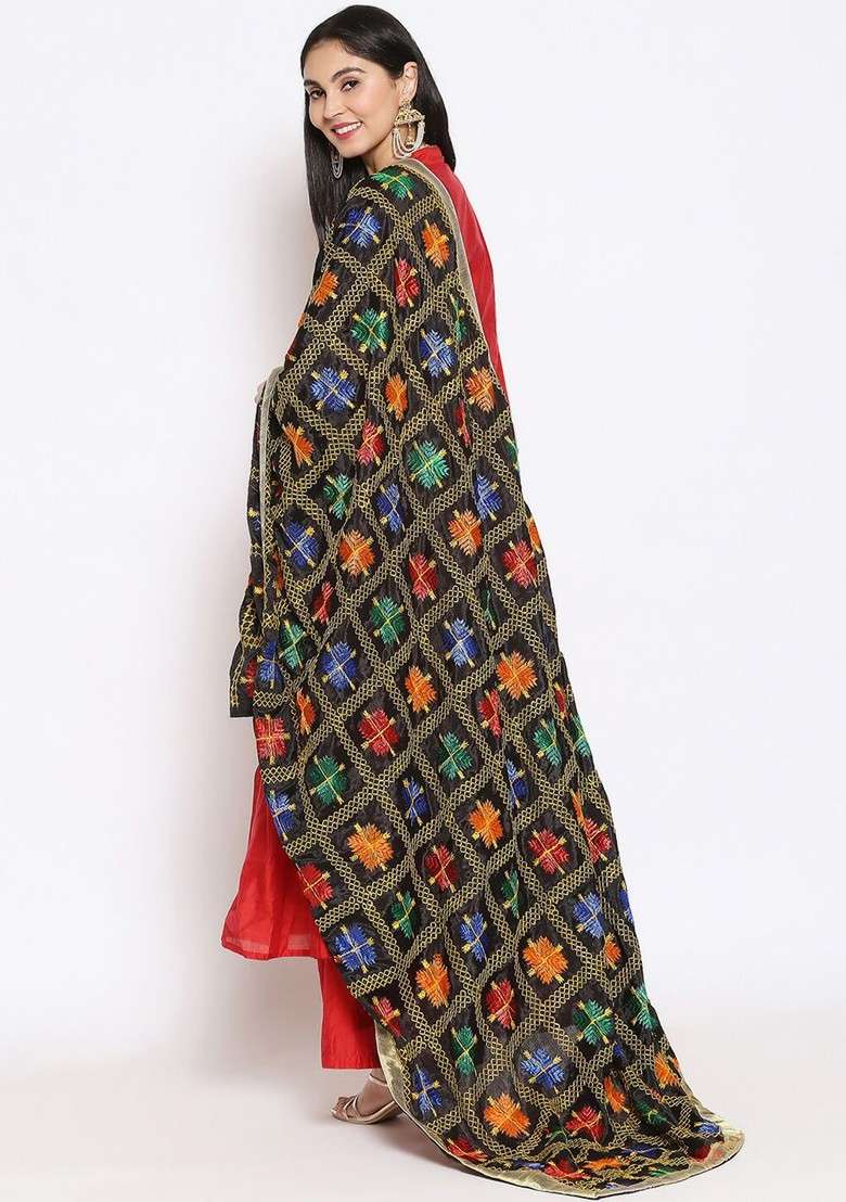 Black And Gold Toned Embroidered Dupatta With Phulkari - Indya