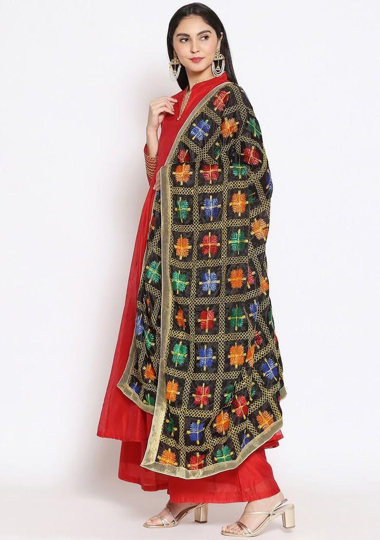 Black And Gold Toned Embroidered Dupatta With Phulkari