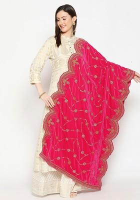 Pink And Gold Toned Embroidered Velvet Dupatta With Zardozi