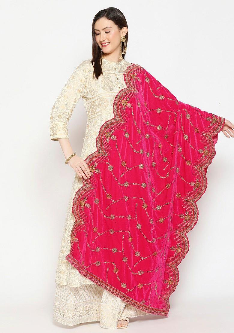 Pink And Gold Toned Embroidered Velvet Dupatta With Zardozi