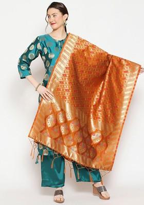 Rust And Blue Ethnic Motifs Woven Design Dupatta
