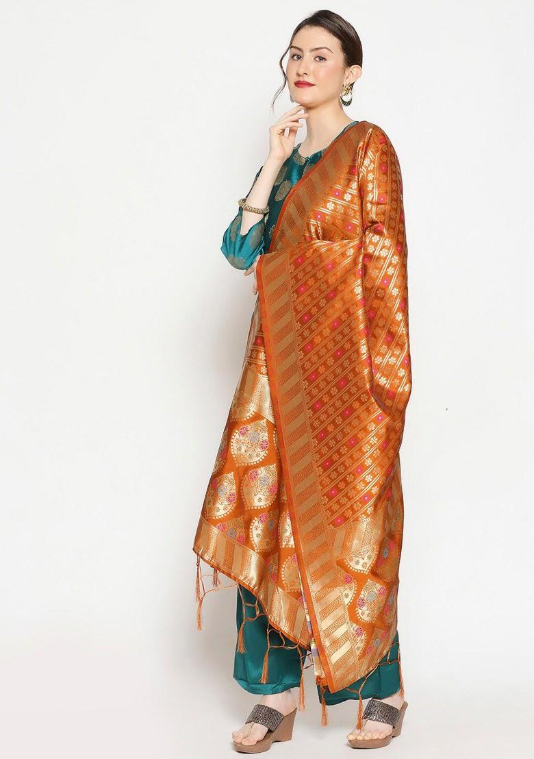 Rust And Blue Ethnic Motifs Woven Design Dupatta