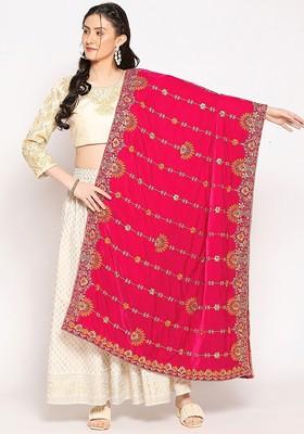Pink And Orange Embroidered Velvet Dupatta