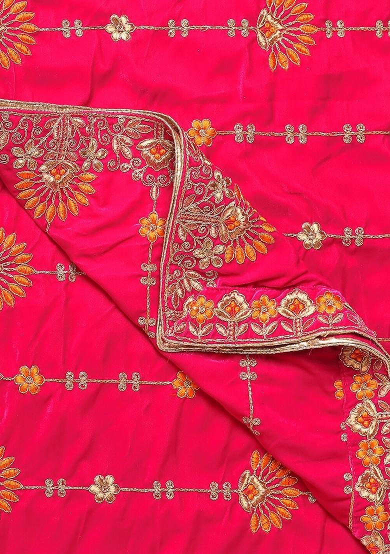 Pink And Orange Embroidered Velvet Dupatta