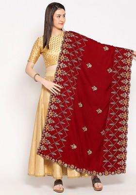 Maroon And Gold Toned Embroidered Velvet Dupatta With Zardozi