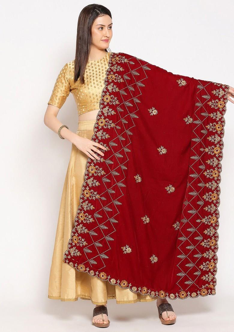 Maroon And Gold Toned Embroidered Velvet Dupatta With Zardozi