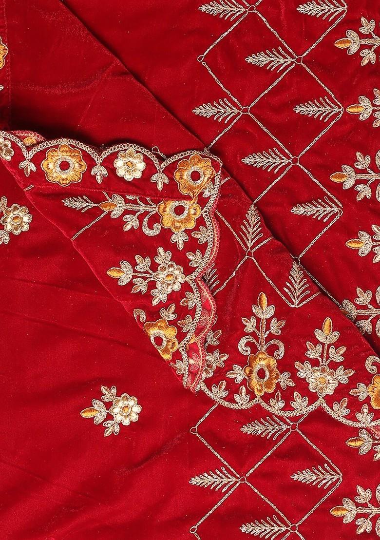 Maroon And Gold Toned Embroidered Velvet Dupatta With Zardozi