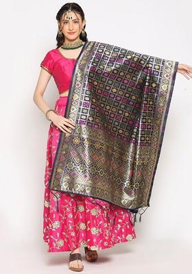 Navy Blue And Gold Toned Ethnic Motifs Woven Design Dupatta