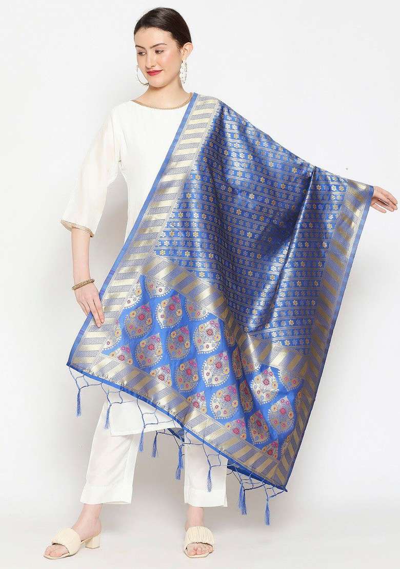 Blue And Gold Toned Ethnic Motifs Woven Design Dupatta - Indya