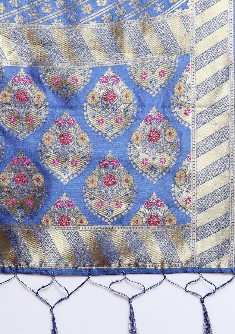 Blue And Gold Toned Ethnic Motifs Woven Design Dupatta - Indya