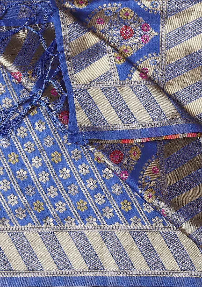 Blue And Gold Toned Ethnic Motifs Woven Design Dupatta