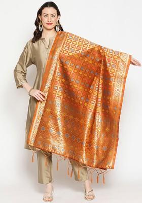 Rust And Gold Coloured Ethnic Motifs Woven Design Banarasi Dupatta With Zari