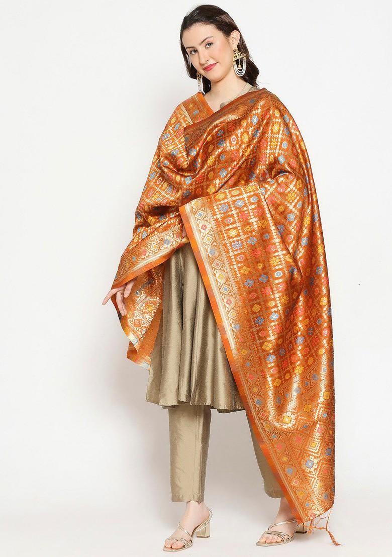 Rust And Gold Coloured Ethnic Motifs Woven Design Banarasi Dupatta With Zari