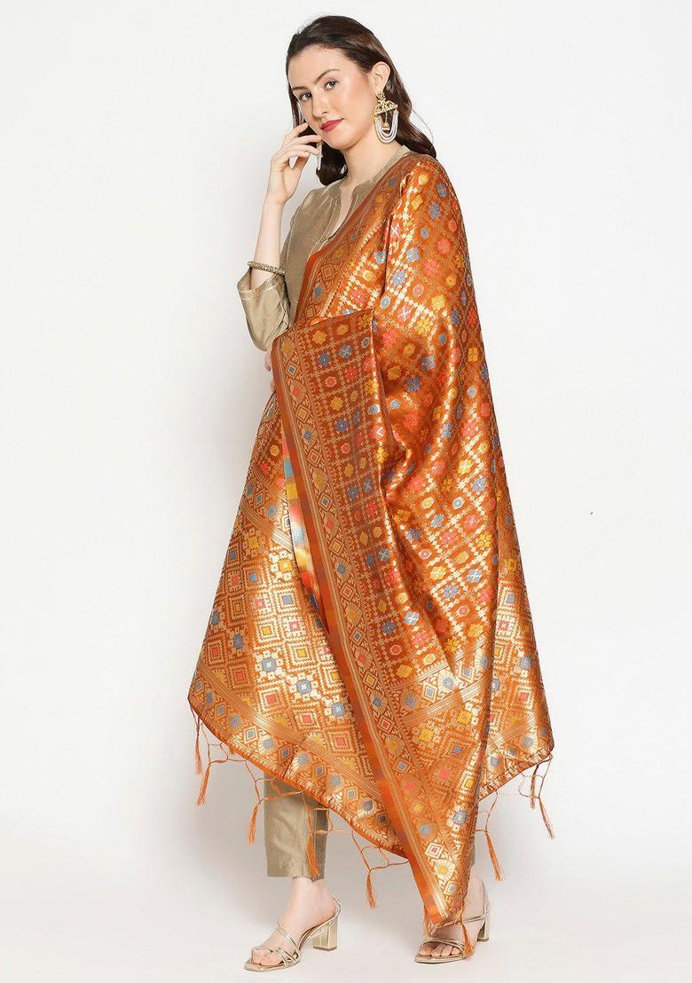 Rust And Gold Coloured Ethnic Motifs Woven Design Banarasi Dupatta With Zari