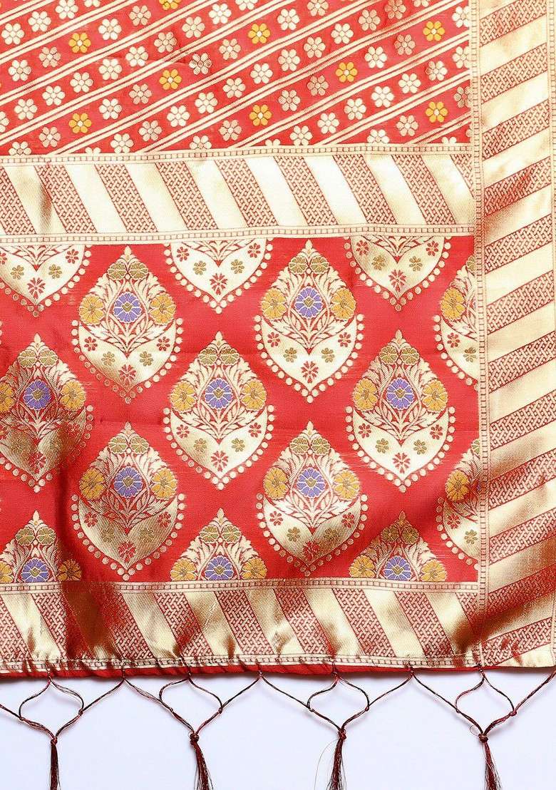 Red And Gold Toned Ethnic Motifs Woven Design Banarasi Silk Dupatta - Indya