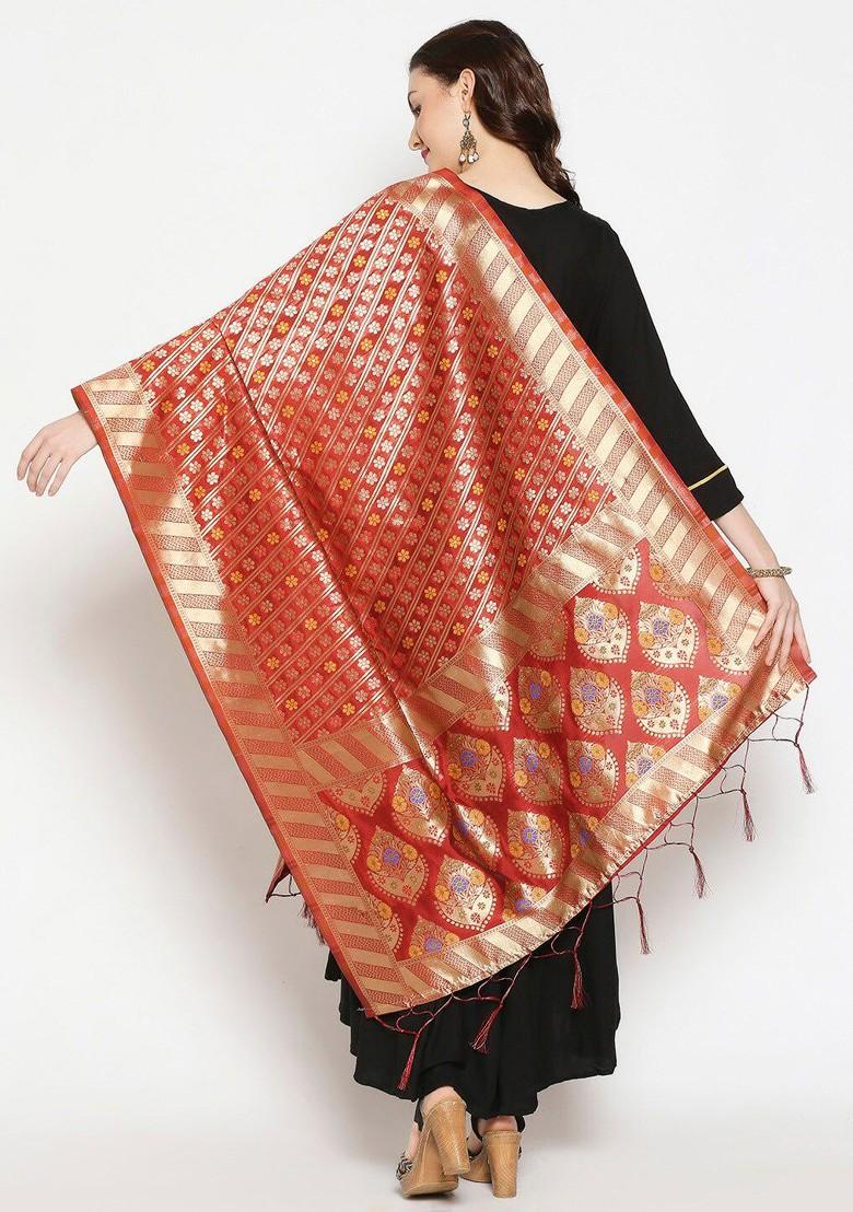 Red And Gold Toned Ethnic Motifs Woven Design Banarasi Silk Dupatta