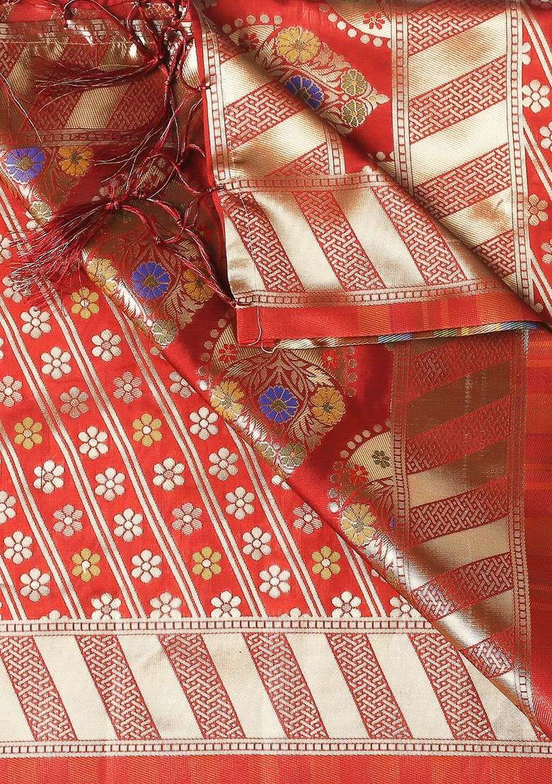 Red And Gold Toned Ethnic Motifs Woven Design Banarasi Silk Dupatta - Indya