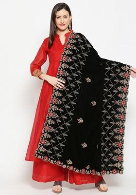 Black And Red Embroidered Velvet Dupatta With Zardozi