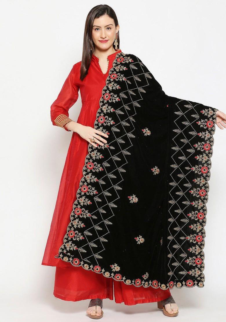 Black And Red Embroidered Velvet Dupatta With Zardozi