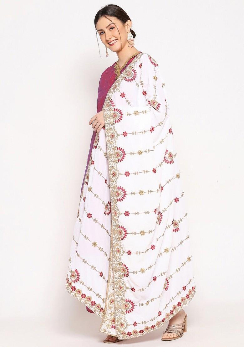 White And Pink Ethnic Motifs Embroidered Velvet Dupatta With Zari