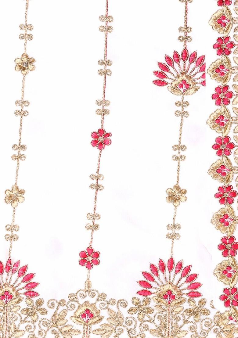 White And Pink Ethnic Motifs Embroidered Velvet Dupatta With Zari