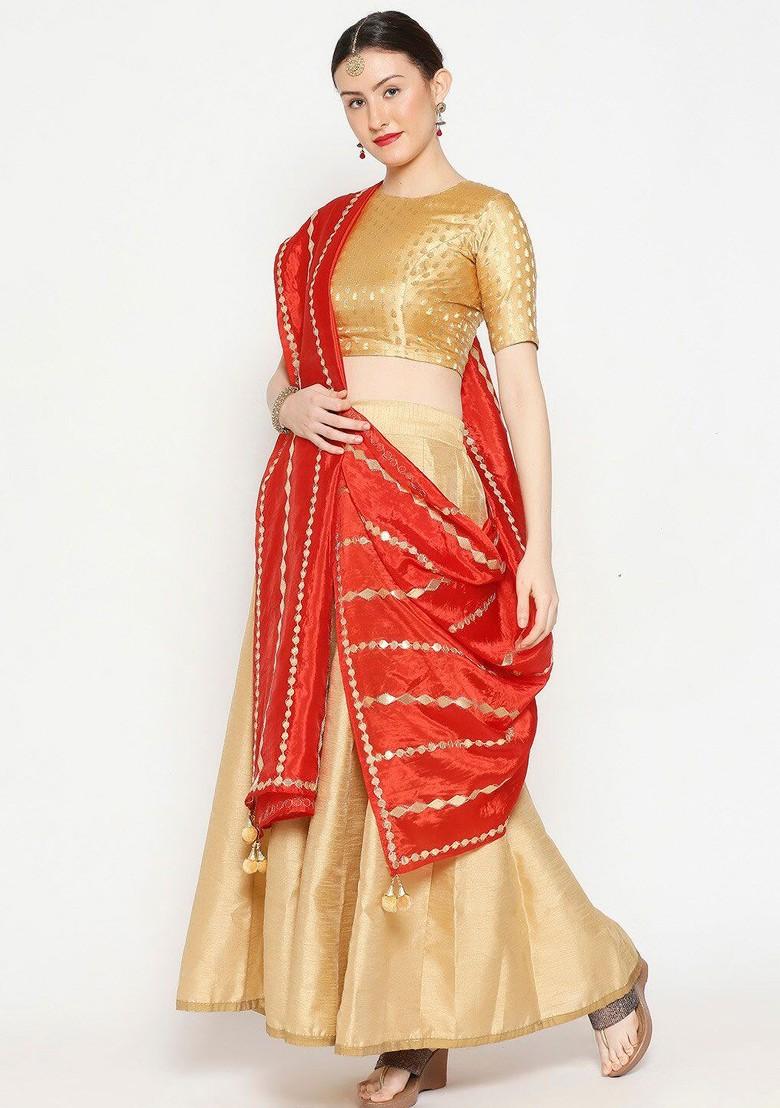 Red And Gold Toned Embroidered Dupatta With Gotta Patti