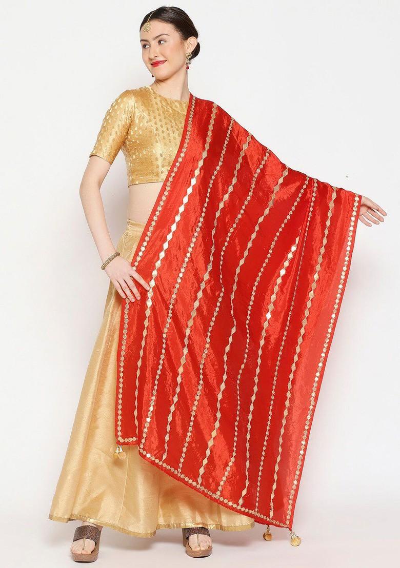 Red And Gold Toned Embroidered Dupatta With Gotta Patti