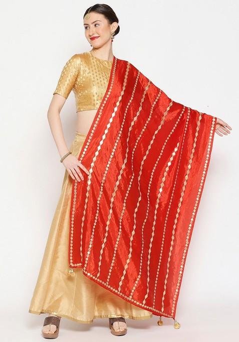 Red And Gold Toned Embroidered Dupatta With Gotta Patti