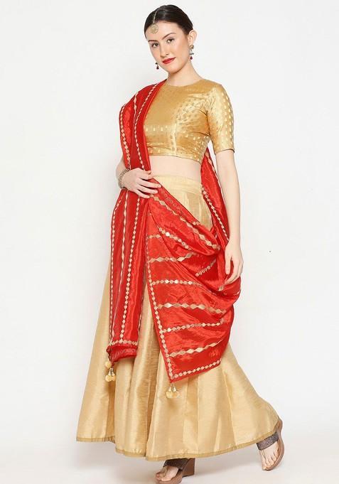 Red And Gold Toned Embroidered Dupatta With Gotta Patti