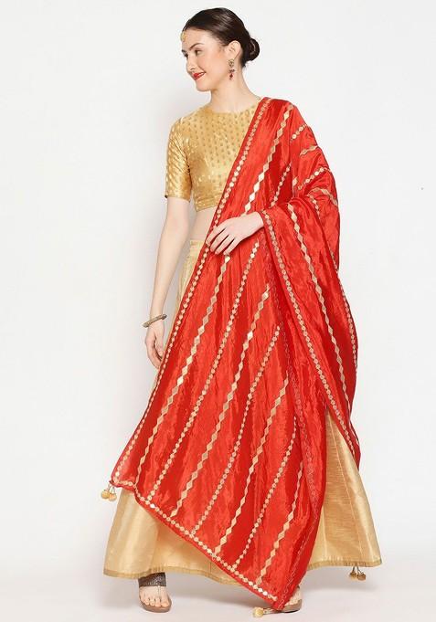 Red And Gold Toned Embroidered Dupatta With Gotta Patti