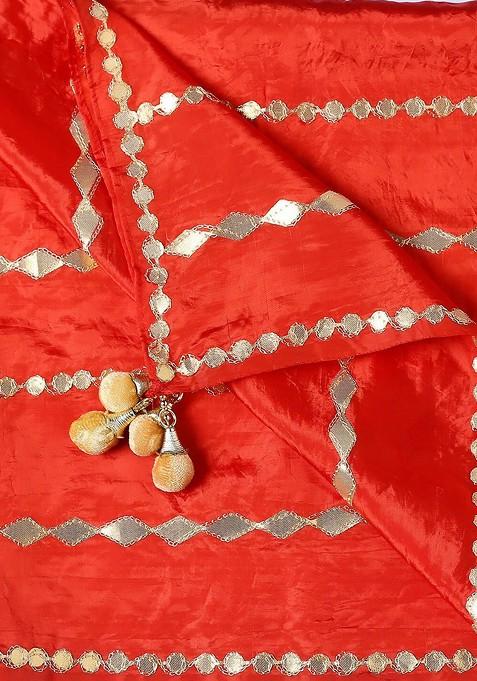Red And Gold Toned Embroidered Dupatta With Gotta Patti