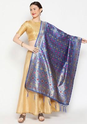Blue And Gold Toned Ethnic Motifs Woven Design Dupatta