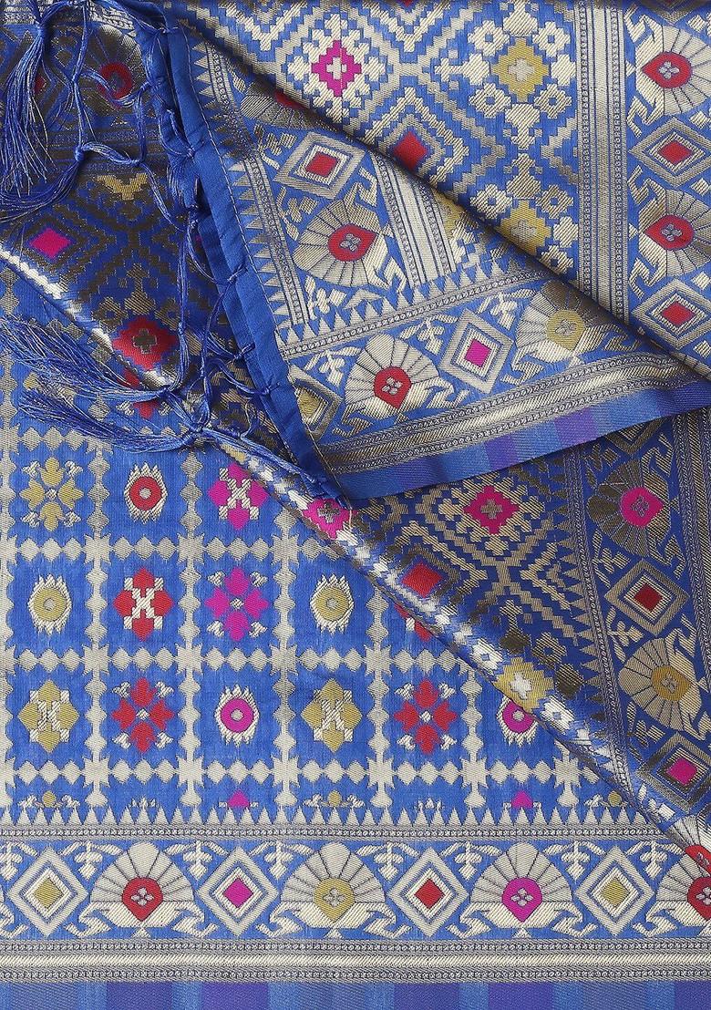 Blue And Gold Toned Ethnic Motifs Woven Design Dupatta