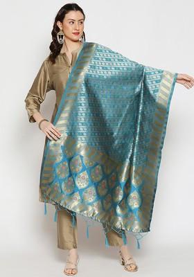 Turquoise Blue And Pink Ethnic Motifs Woven Design Dupatta