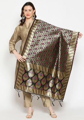 Black And Gold Toned Ethnic Motifs Woven Design Banarasi Silk Dupatta