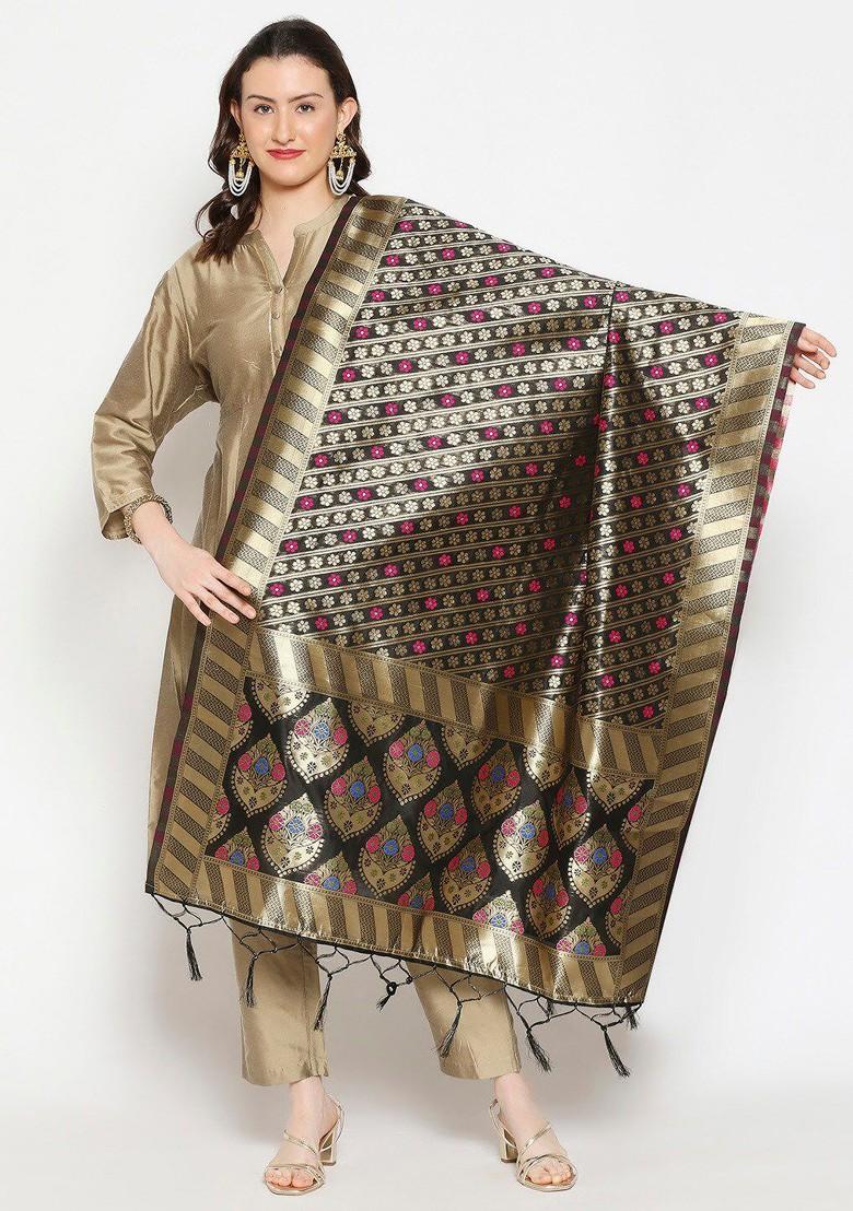 Black And Gold Toned Ethnic Motifs Woven Design Banarasi Silk Dupatta