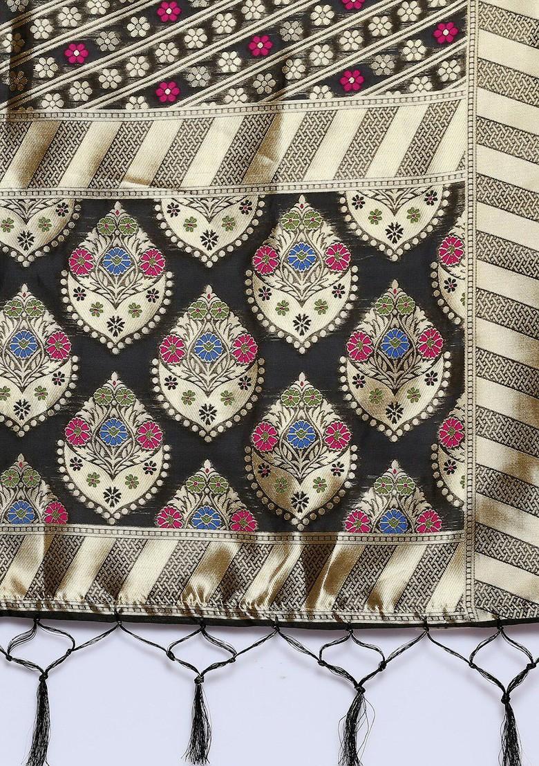 Black And Gold Toned Ethnic Motifs Woven Design Banarasi Silk Dupatta
