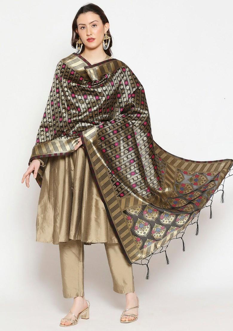 Black And Gold Toned Ethnic Motifs Woven Design Banarasi Silk Dupatta
