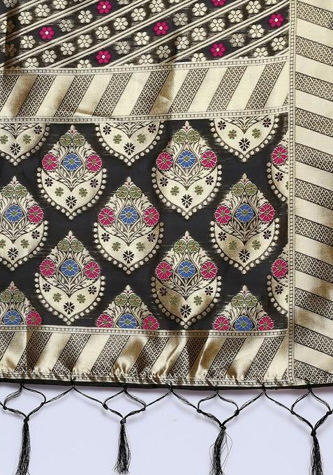 Black And Gold Toned Ethnic Motifs Woven Design Banarasi Silk Dupatta