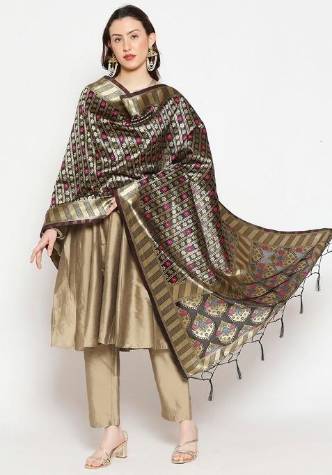 Black And Gold Toned Ethnic Motifs Woven Design Banarasi Silk Dupatta