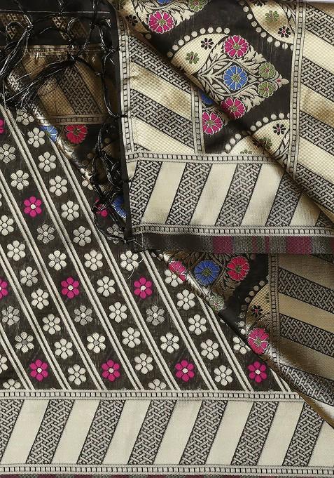 Black And Gold Toned Ethnic Motifs Woven Design Banarasi Silk Dupatta