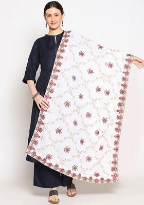 White And Red Embroidered Velvet Dupatta With Zardozi