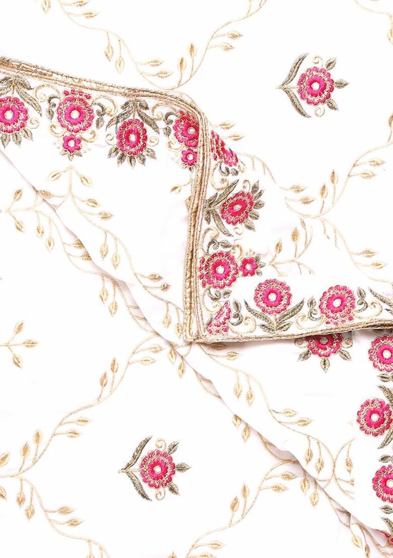 White And Red Embroidered Velvet Dupatta With Zardozi
